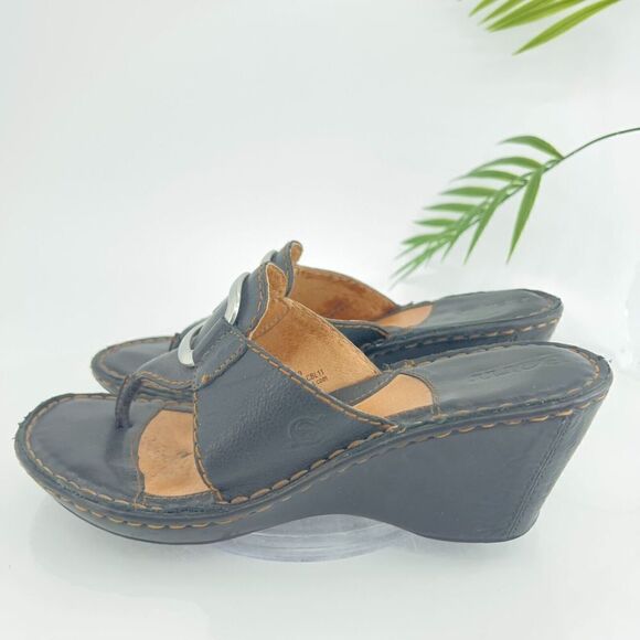 Born Women's Sandal Size 8 Wedge Heel Slide Black Leather Slip On Shoe Thong - Picture 6 of 14